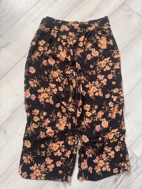 Anthropologie Floral Black cropped pants with Pink & Orange Blooms